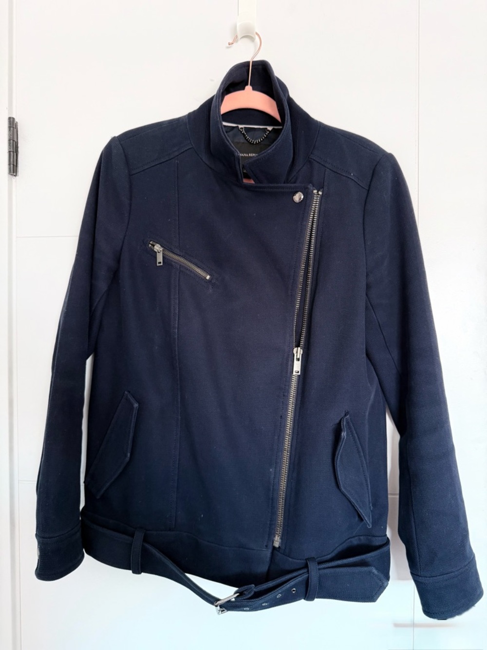 Banana Republic Navy Asymmetrical Zip Bomber Jacket with Belt
